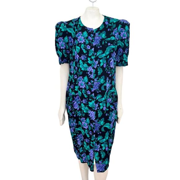 VTG 80s ADRIAN JORDAN Black Floral Button Front Sheath Dress SZ 14 - Picture 13 of 13